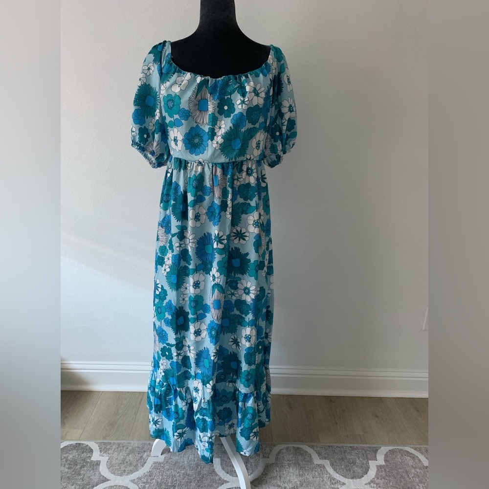 Floral Blue Midi Dress with Puff Sleeves